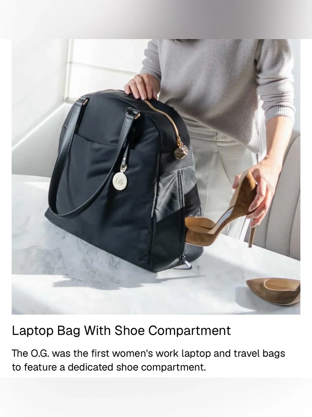 Lo and Sons Black OG Laptop Tote with Gold Accents and Lavender Interior